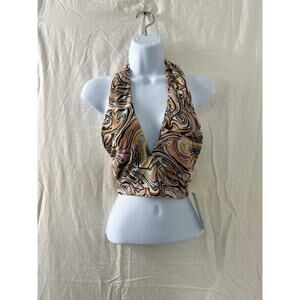 TIMING Retro Halter Crop V-Neck Tank Top Womens‎ Size S Boho Babydoll Disco Rave